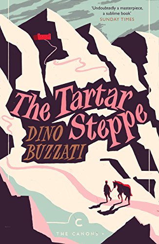Book cover: "The Tartar Steppe" with stylized mountains and figures on horseback.