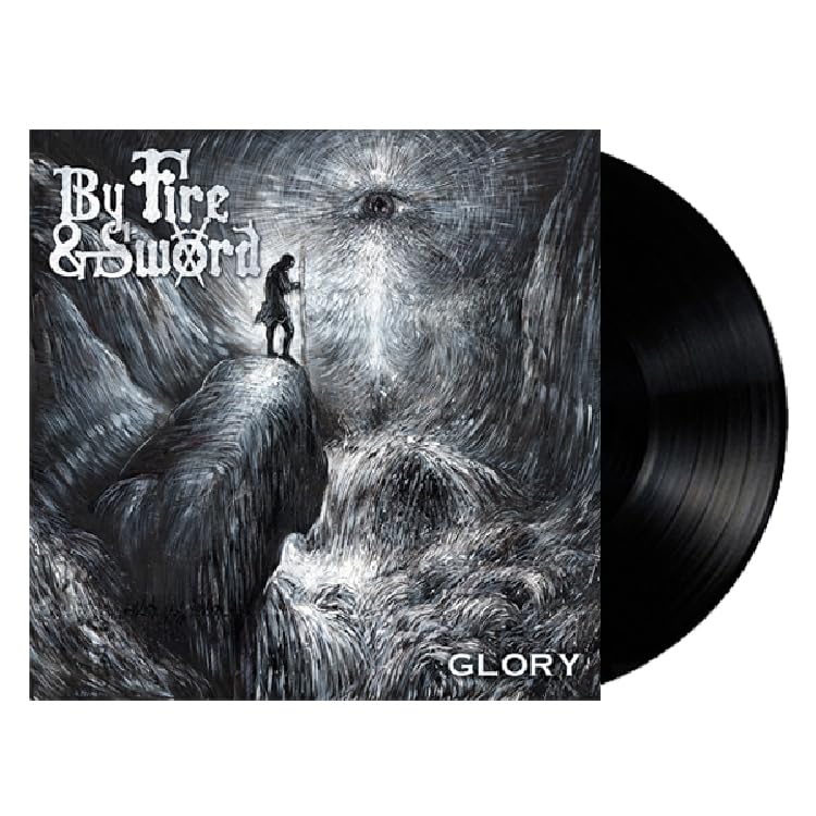 Vinyl record with album cover depicting a figure and stormy landscape.