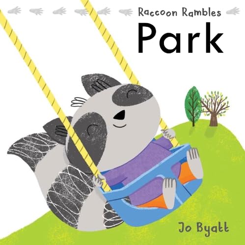 Raccoon on a blue swing set in a green park illustration.