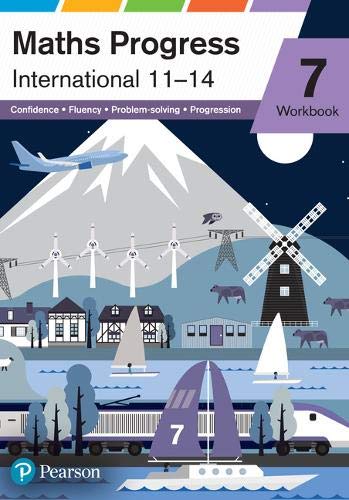 Maths Progress International Year 7 workbook cover with landscape illustration.