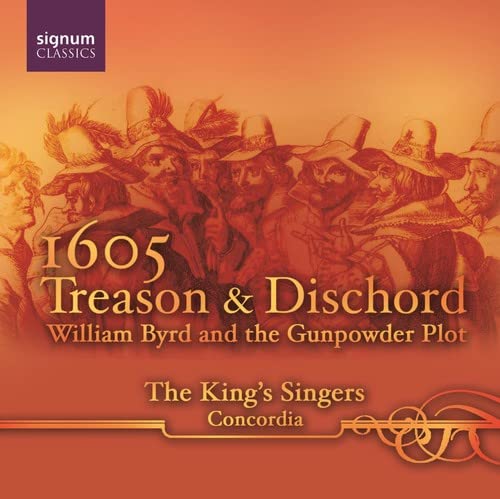 CD cover for "The King’s Singers - 1605: Treason and Dischord" featuring historical figures.
