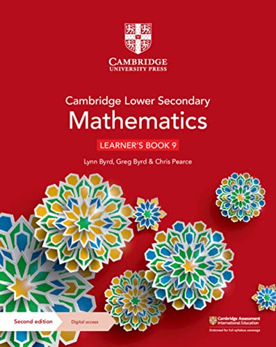 Cambridge Lower Secondary Mathematics Learner's Book 9 cover with colorful geometric shapes.