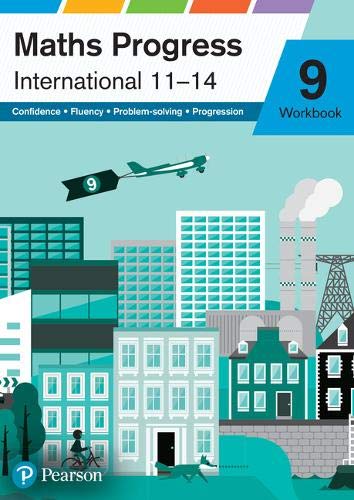 Maths Progress International Year 9 Workbook cover featuring a stylized city illustration and airplane.