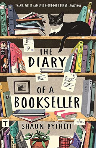Book cover: "The Diary of a Bookseller" with a black cat on books.