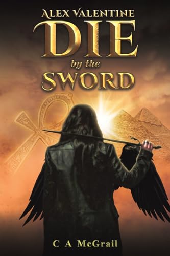 Book cover: hooded figure with sword, pyramids, and ankh symbol.