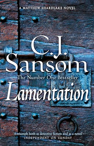 Book cover: “Lamentation” by C.J. Sansom, featuring a dark wooden door.