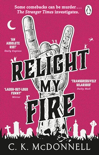 Book cover featuring a hand making a rock-and-roll gesture against a pink graveyard background.