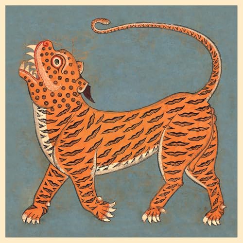 Orange tiger with open mouth, stylized illustration on a blue background.
