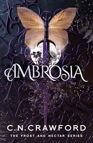 Book cover featuring a butterfly-winged sword over a purple wrought-iron gate and moon.