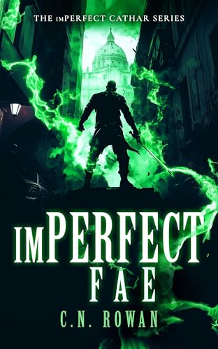 Book cover: silhouetted figure with sword, green energy, and city backdrop.