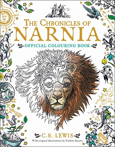 Cover of The Chronicles of Narnia colouring book featuring a partially colored lion illustration.