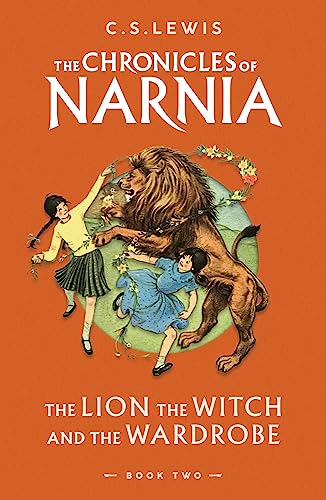 Book cover: lion, children, and floral wreath on orange background.