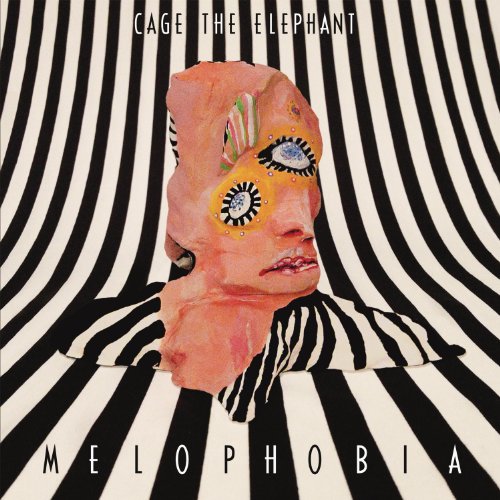 Surreal painted head against a black and white striped background with album text.