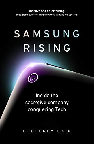 Book cover for "Samsung Rising" with a smartphone and blue light effect.