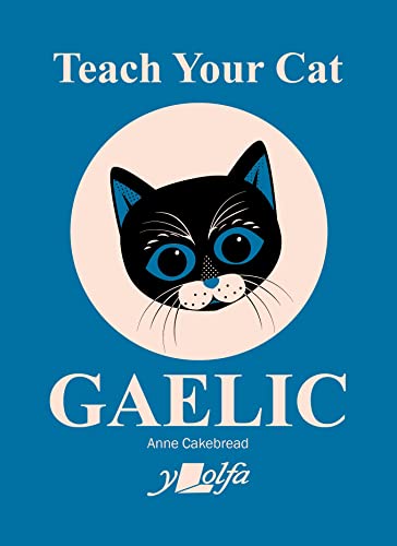 Book cover titled Teach Your Cat Gaelic featuring a black cat illustration on blue.