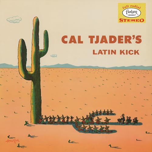 Cal Tjader's Latin Kick" vinyl record cover with desert and musicians illustration.