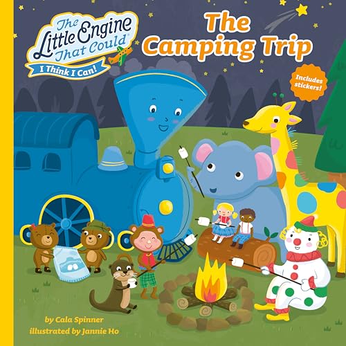 Blue train and animal friends camping around a campfire.