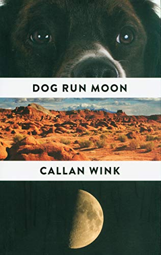 Book cover featuring a dog's face, a desert landscape, and a half moon.
