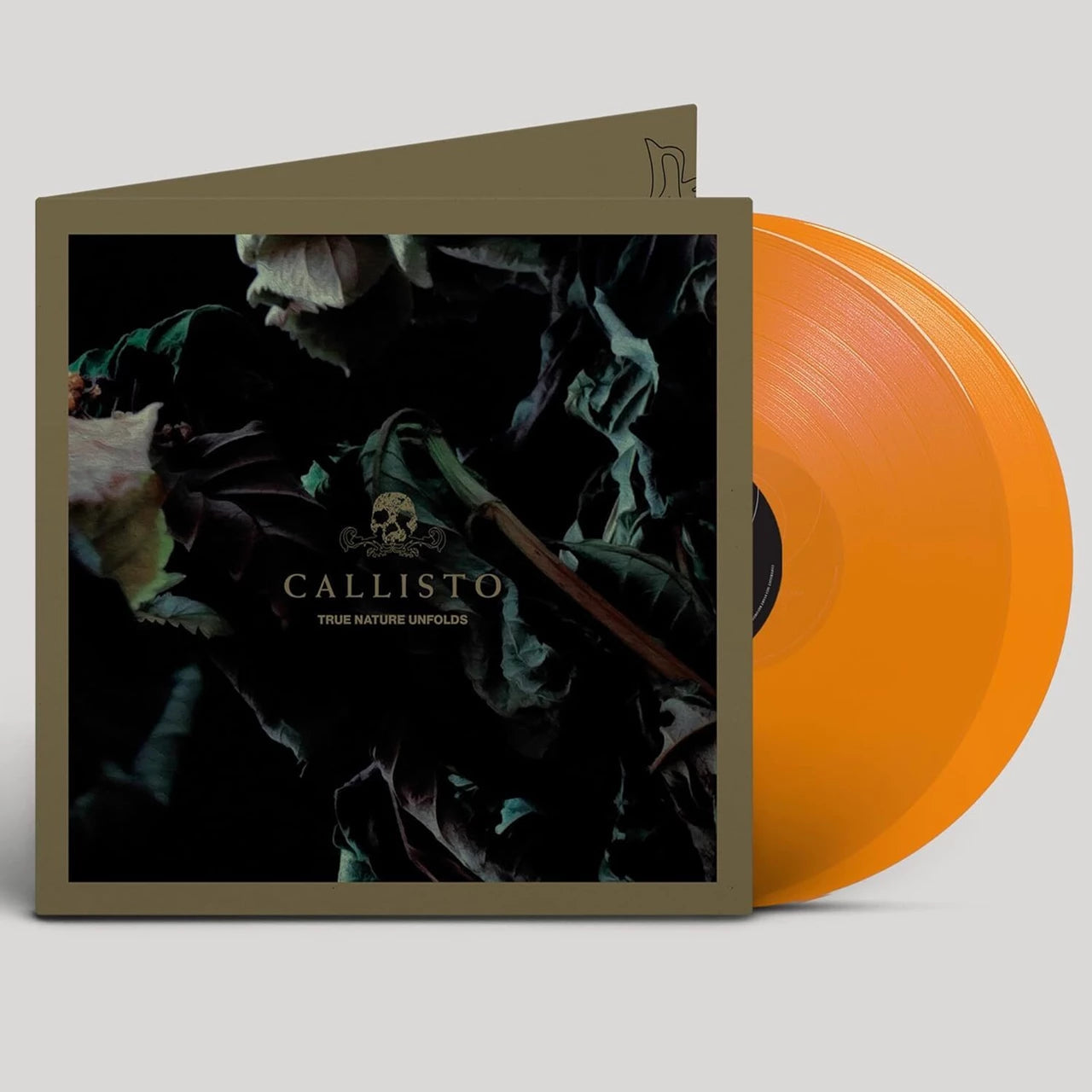 Vinyl record with dark floral cover art and orange colored disc.