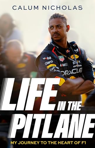 Book cover featuring Calum Nicholas and motorsport pitlane imagery.