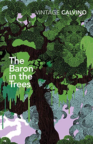 Book cover: green trees with dripping paint, title “The Baron in the Trees”.