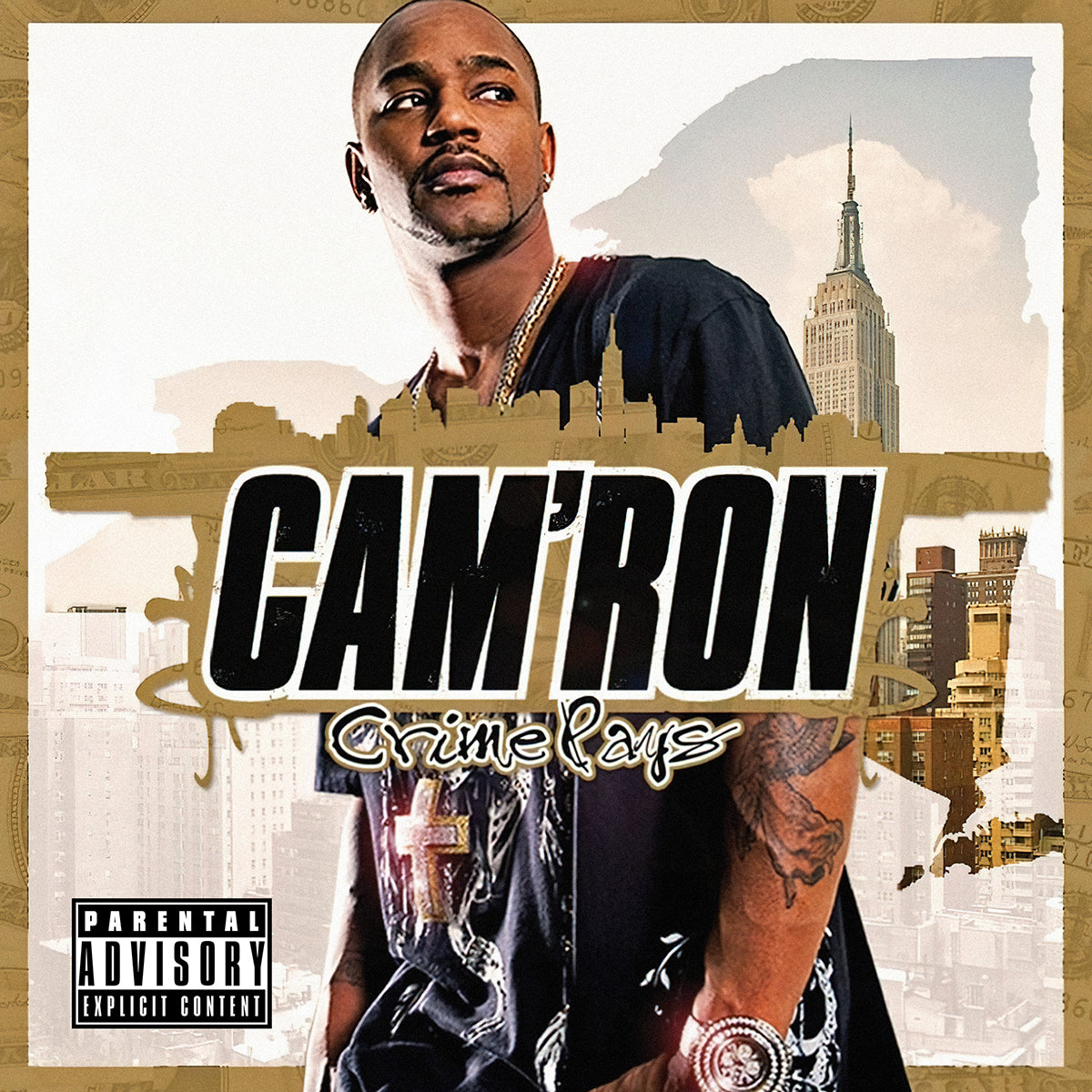 Vinyl record of Cam'ron's "Crime Pays" album, black cover art.