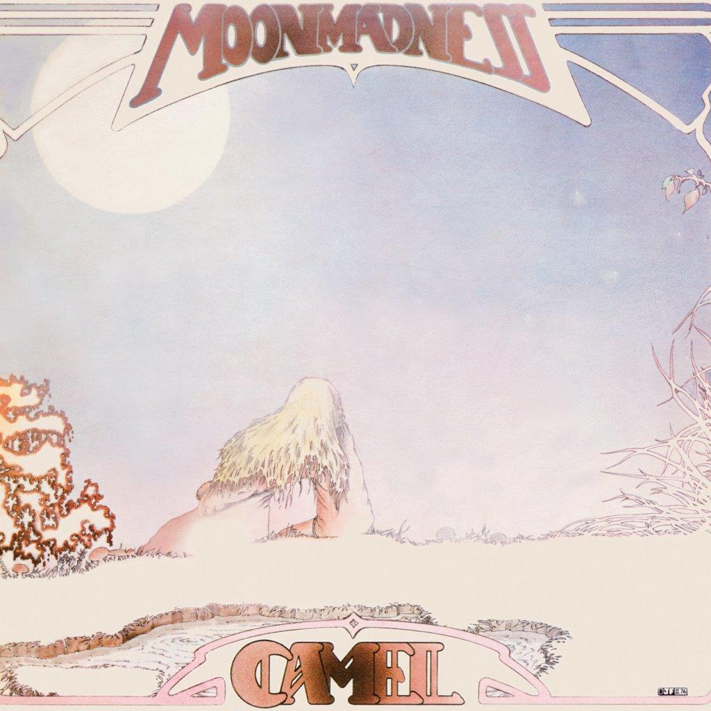 Camel’s “Moonmadness” vinyl album cover with desert landscape and figures.