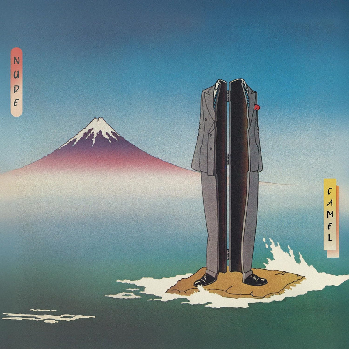 Album cover for Camel’s “Nude” featuring a suit on a small island.