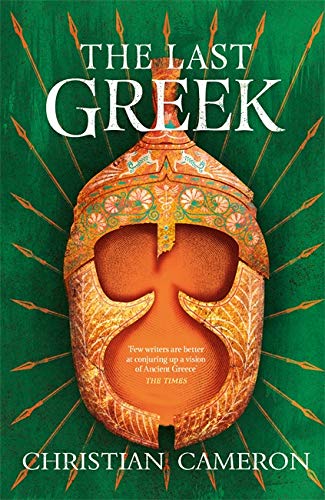 Book cover: "The Last Greek" featuring a golden Greek helmet.