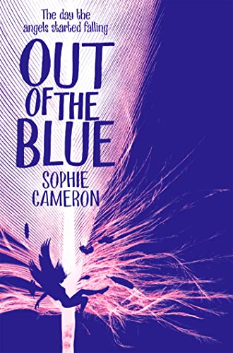 Book cover: "Out of the Blue" with falling angel imagery, purple and blue.