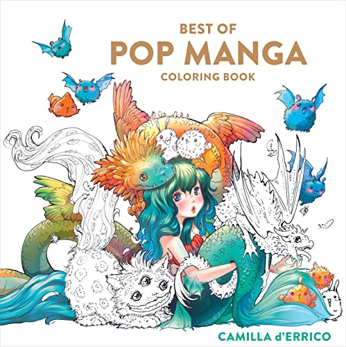 Coloring book cover with manga-style girl, dragon, and fantastical creatures.
