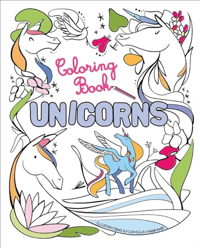 Coloring book cover with illustrations of white unicorns and floral designs.