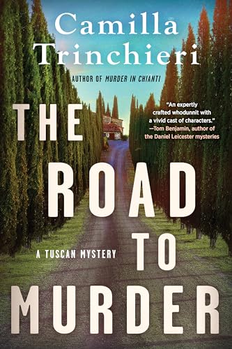 Book cover showing a road lined with tall cypress trees leading to a house.