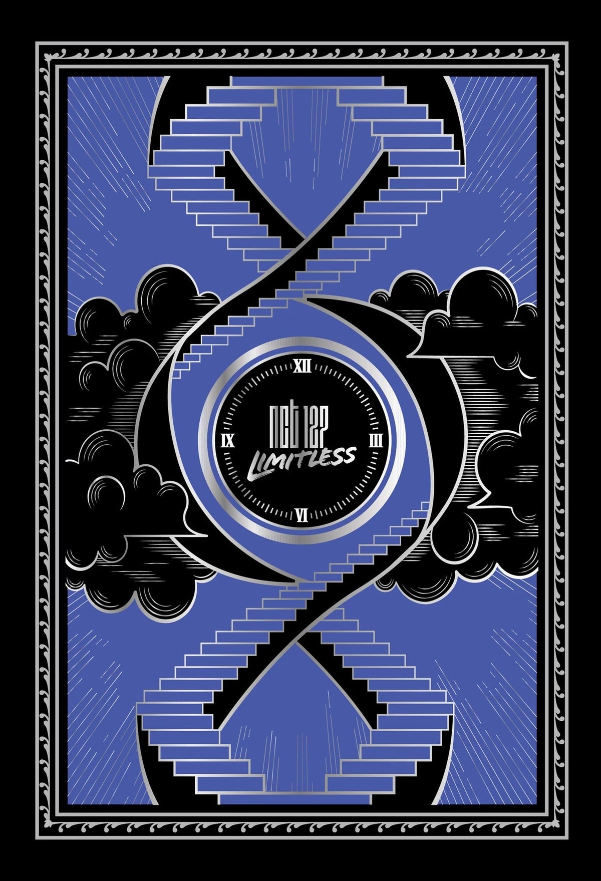 NCT 127 “LIMITLESS (DELUXE)” album cover with abstract blue and black design.
