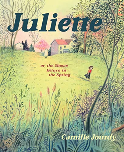 Illustrated book cover showing a girl and ghost in a grassy field near houses.