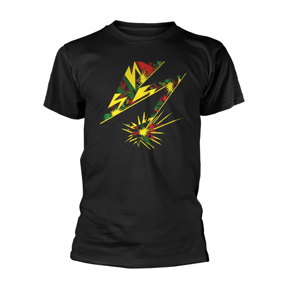Black t-shirt with colorful, abstract lightning bolt and starburst graphic.