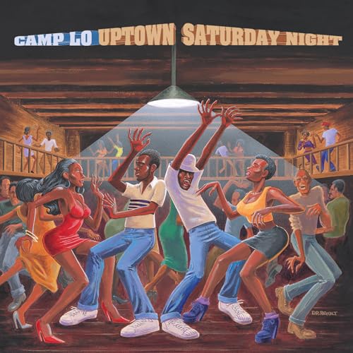 Painted album cover depicting people dancing in a warmly lit nightclub.