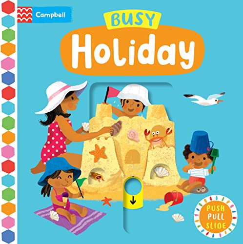 Children building a sandcastle on the beach, interactive push-pull-slide book.