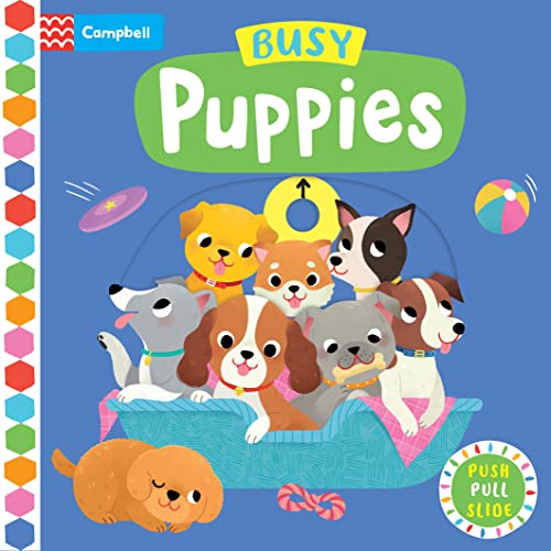 Book cover featuring a group of colorful puppies playing with toys.