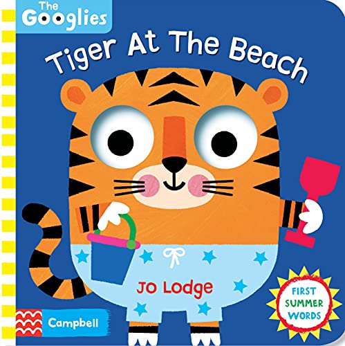 Cartoon tiger with big eyes at the beach, children’s book cover.