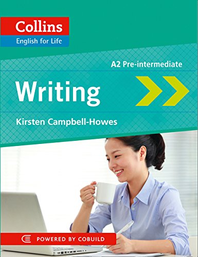 Collins English for Life: Writing A2 textbook cover with a woman using a laptop.
