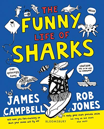 Book cover: "The Funny Life of Sharks" with cartoon shark illustrations.