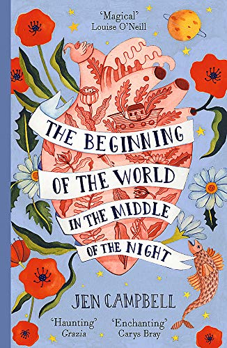 Book cover with heart-shaped landscape, flowers, fish, and moon.