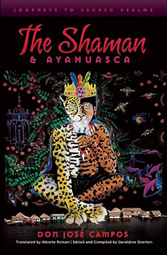 Book cover featuring a shaman with a jaguar, vibrant colors, and village scene.