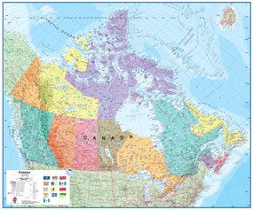Colorful flat map of Canada, showing provinces and territories.