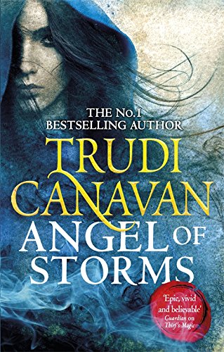 "Book cover featuring a woman's face with long hair, blue background, and title 'Angel of Storms'."