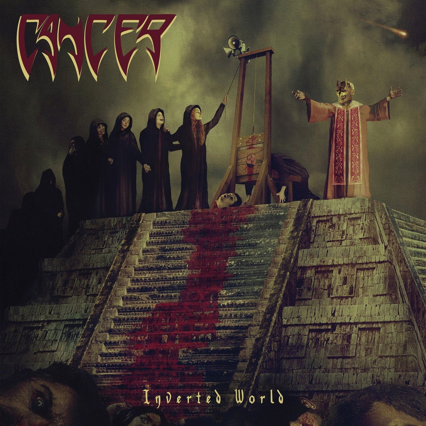 Figures in robes stand atop a stepped pyramid with a guillotine and blood trail.