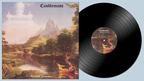 Candlemass "Ancient Dreams" vinyl record with fantasy landscape cover art.