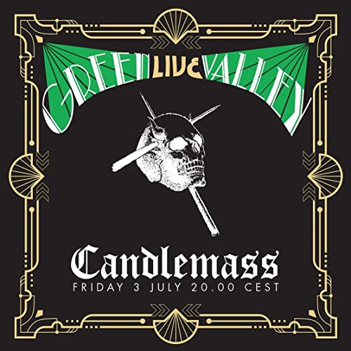 Candlemass "Green Valley 'Live'" album cover with skull and art deco frame.