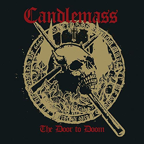"Candlemass album cover featuring a gold skull emblem on a black background."